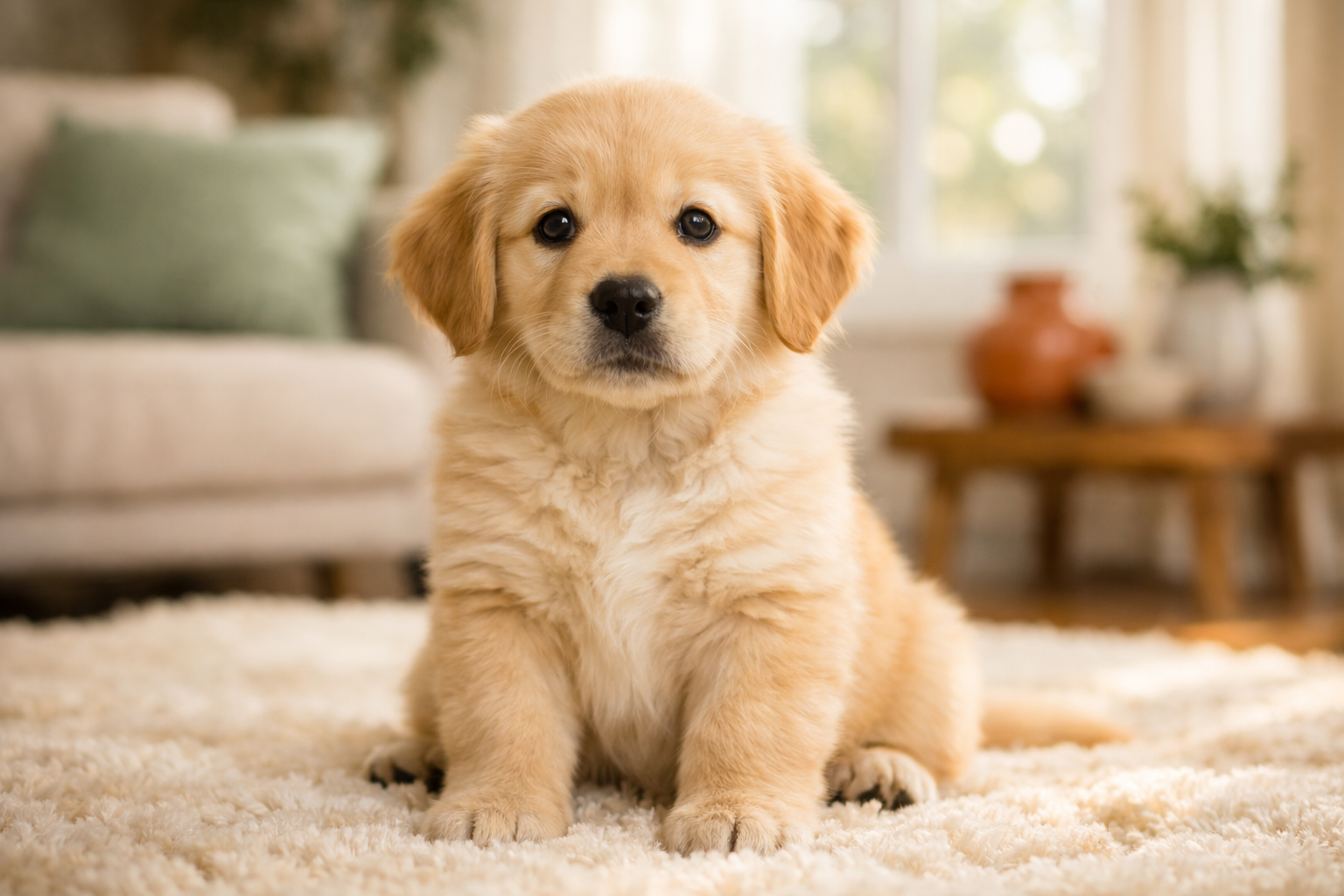 Adorable Golden Retriever puppy with trusting eyes in a bright living room