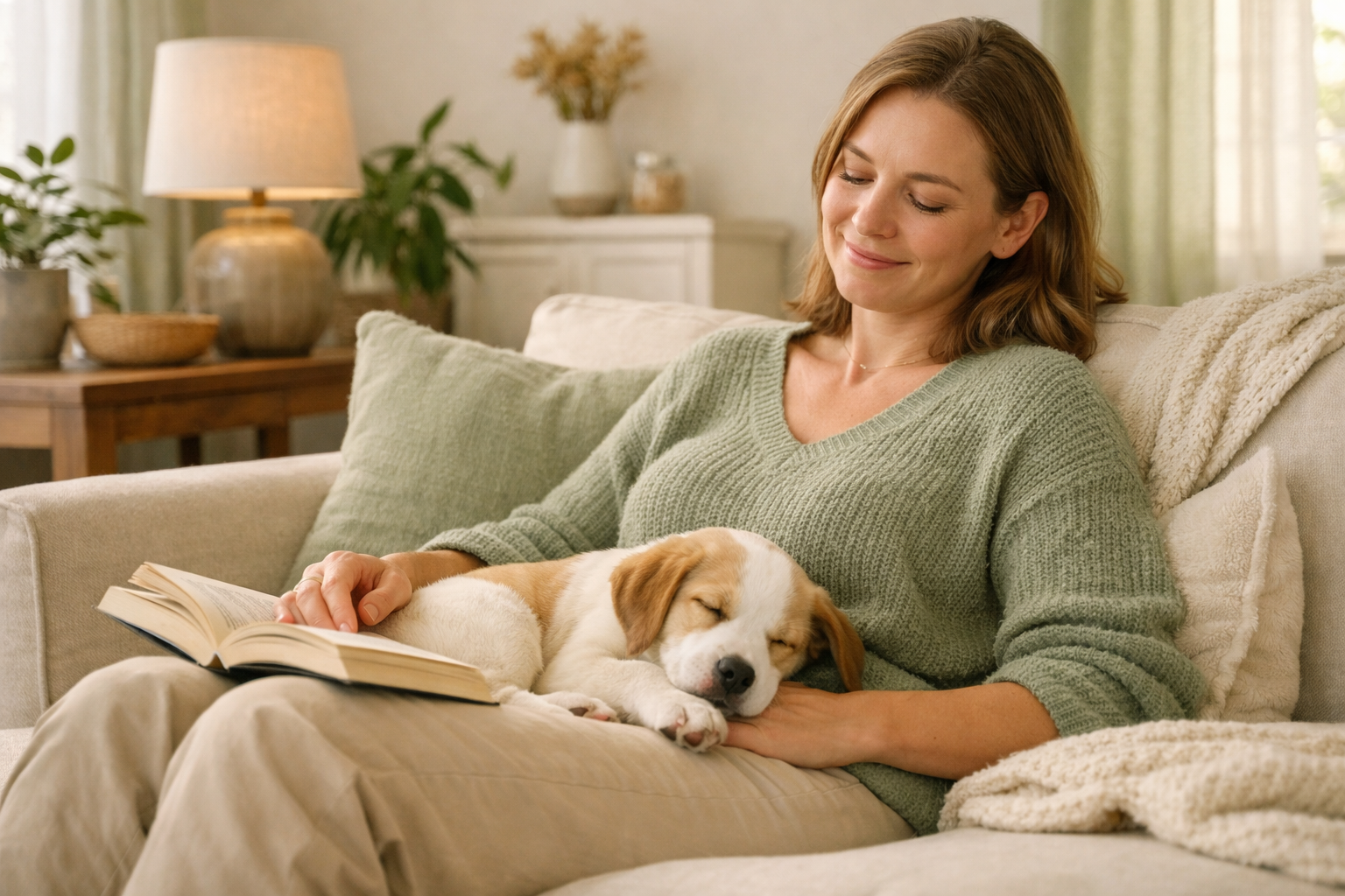 Relaxed owner enjoying peaceful time with clean puppy