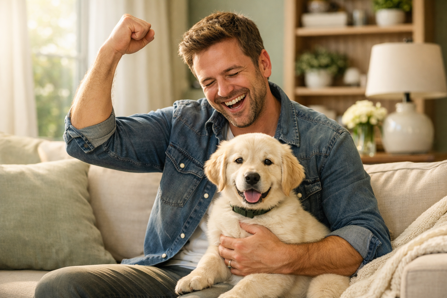 Happy owner celebrating puppy training success